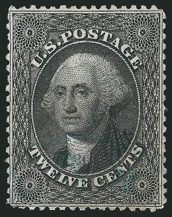 12c Black, Plate 1 (36).> Exceptionally well-centered, intense shade and clear impression, tiny bit of blue cancel on Washingtons neck leaving the whole essentially distraction free, Very Fine and choice, with
2010 P.S.E. certificate (VF-XF 85 SMQ