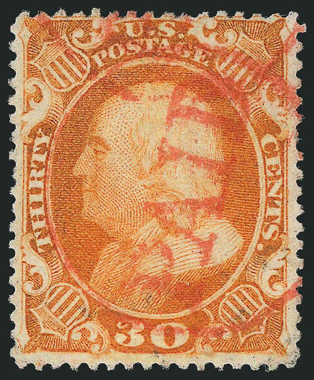 30c Orange (38).> Bright color nicely complemented by <red Paid in circle> handstamp, wide margins, Very Fine and choice, especially desirable with this cancel