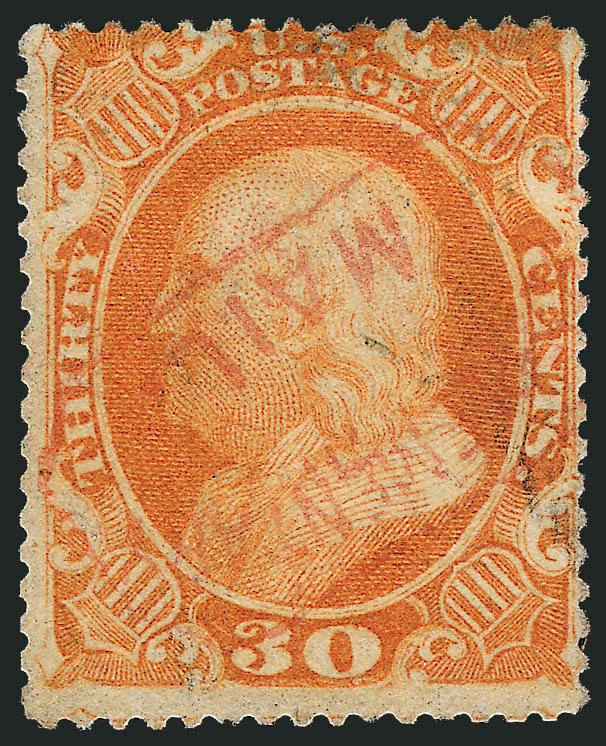 30c Orange (38).> Bright color, neat strike of <red Supplementary Mail> Type A handstamp and also traces of black cancel, Very Good, scarce cancel
