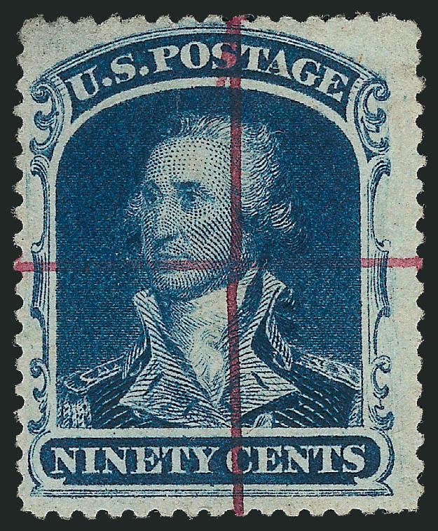 90c Blue (39).> Wide margins, deep rich color on bright paper, <magenta crossed-lines> control mark, Very Fine, the crossed-line marks are found on various 1857 Issue values and were probably applied as a
specimen mark, with 2005 P.F. certificate whe