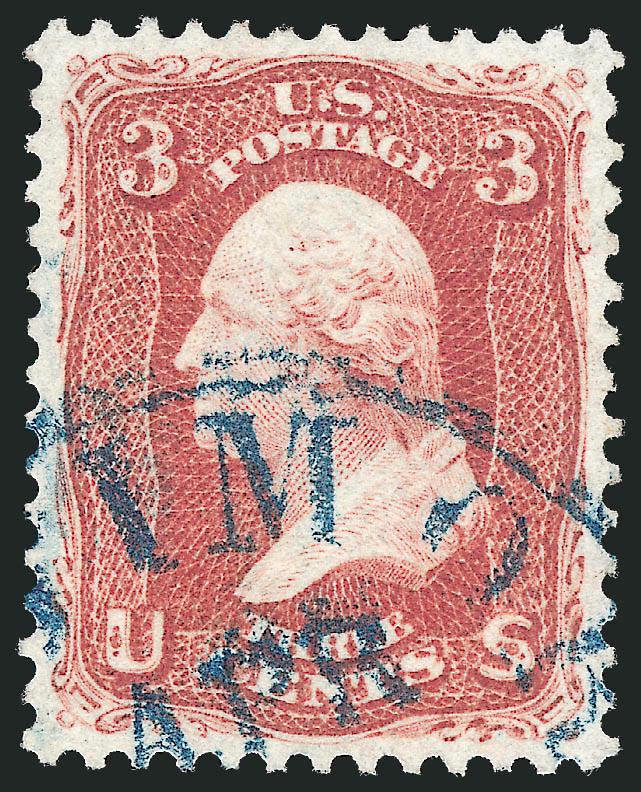 3c Rose (65).> Detailed impression on bright paper, neat strike of <blue> circular datestamp, gorgeous centering, Extremely Fine Gem, a superb stamp in every respect, with 2010 P.S.E. certificate (Superb 98
SMQ $475.00), only one has graded higher t