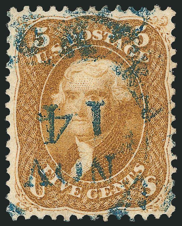 5c Buff (67).> Bright shade nicely complemented by <blue> Baltimore circular datestamp, well-proportioned margins, Very Fine and choice, with 2010 P.S.E. certificate (VF-XF 85 SMQ $1,600.00)