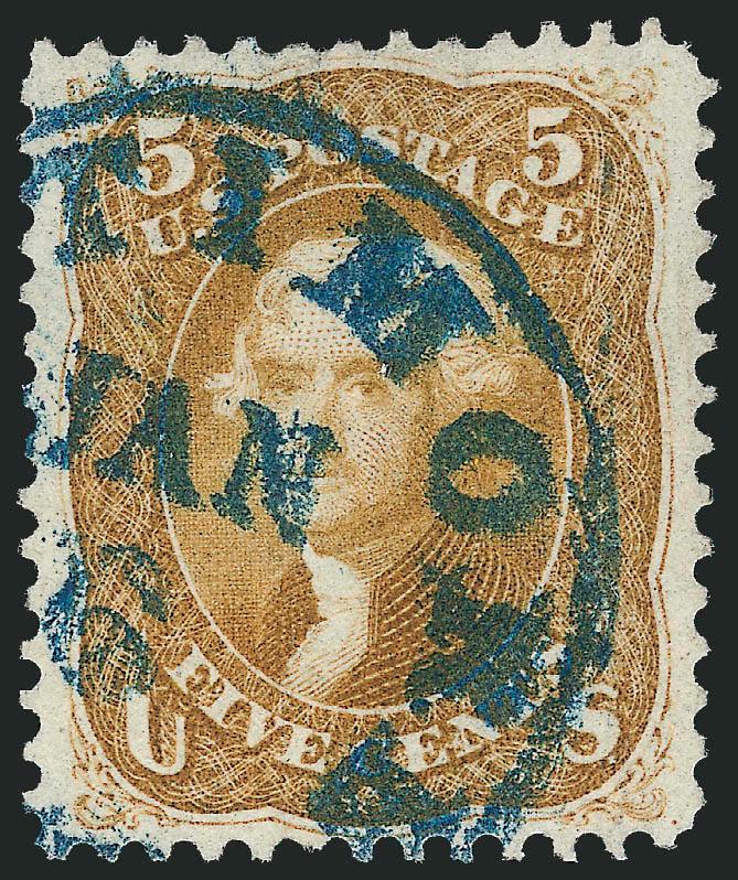 5c Buff (67).> Remarkably wide margins with choice centering, uncharacteristically strong color complimented by bold blue Baltimore Md. circular datestamp, neatly pressed vertical crease, Extremely Fine
appearance