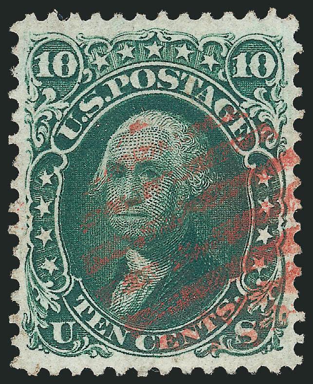 10c Dark Green (68a).> Choice margins and almost perfectly centered, intense August shade, neat <red grid> cancel, Extremely Fine, with 2010 P.S.E. certificate (XF 90 SMQ $260.00), certificate states Green but
in our opinion this is the unmistakab