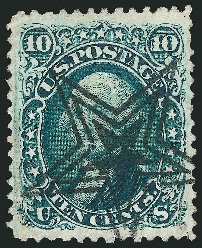 10c Yellow Green (68).> Margins clear, struck with bold <5-Point Star within Outline Stars> fancy cancel, stamp with small faults, rare and Extremely Fine strike, with 2010 P.F. certificate, unlisted in
Skinner-Eno