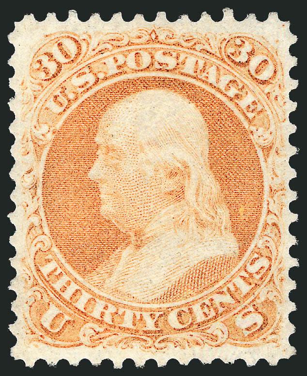 30c Orange (71).> Original gum, single hinge mark, vibrant color, most recent certificate notes reperfed at left (remarkably skillful if it is reperfed), Extremely Fine appearance, a stamp with great visual
appeal, with 1991 and 2000 P.F. certificate