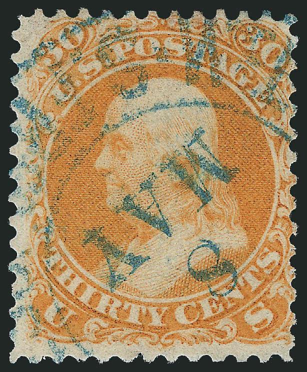 30c Orange (71).> Bright color nicely complemented by <blue Wells, Fargo & Co. double-circle datestamp,> tiny perf tear at bottom, Fine appearance