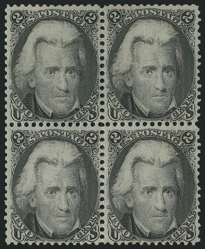 2c Black (73).> Block of four, original gum, bottom right Mint N.H., others lightly hinged, well-centered, top right stamp has tiny corner crease, otherwise fresh and Very Fine, with 2004 P.F. certificate for
block of six