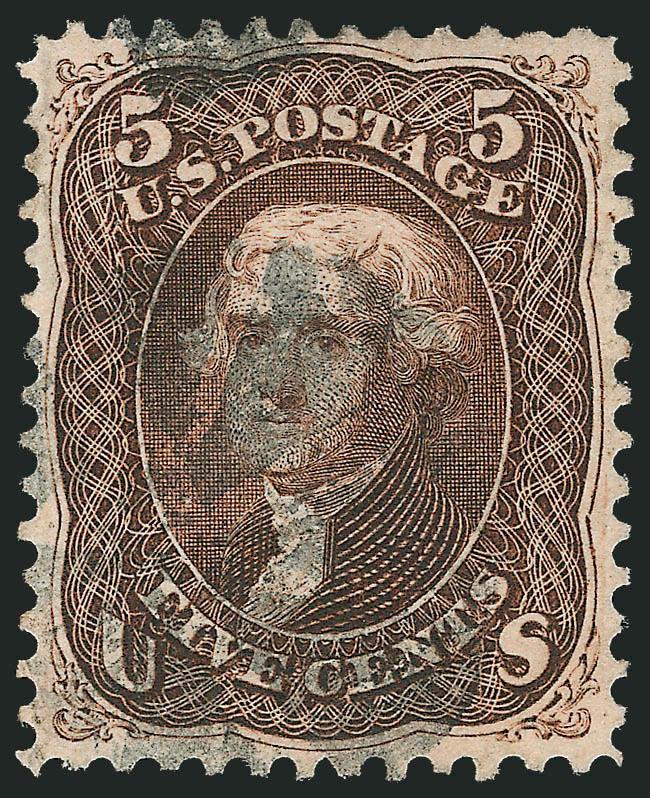 5c Brown (76).> Rich color and detailed impression, wide and balanced margins, cork cancel, fresh and Extremely Fine, with 2010 P.S.E. certificate (XF 90 SMQ $400.00)