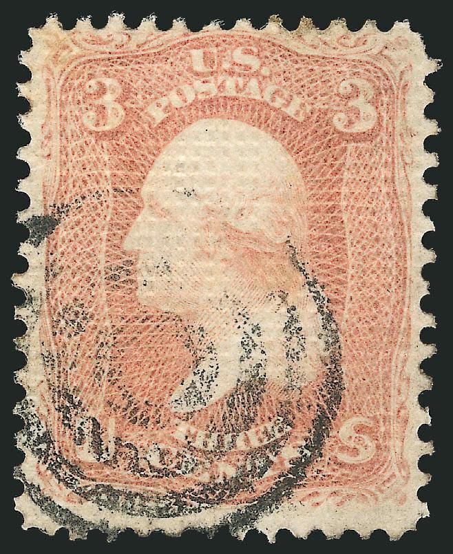 3c Rose, A. Grill (79).> Rich color, far more intact perfs than usually seen on this difficult issue, target cancel, Fine