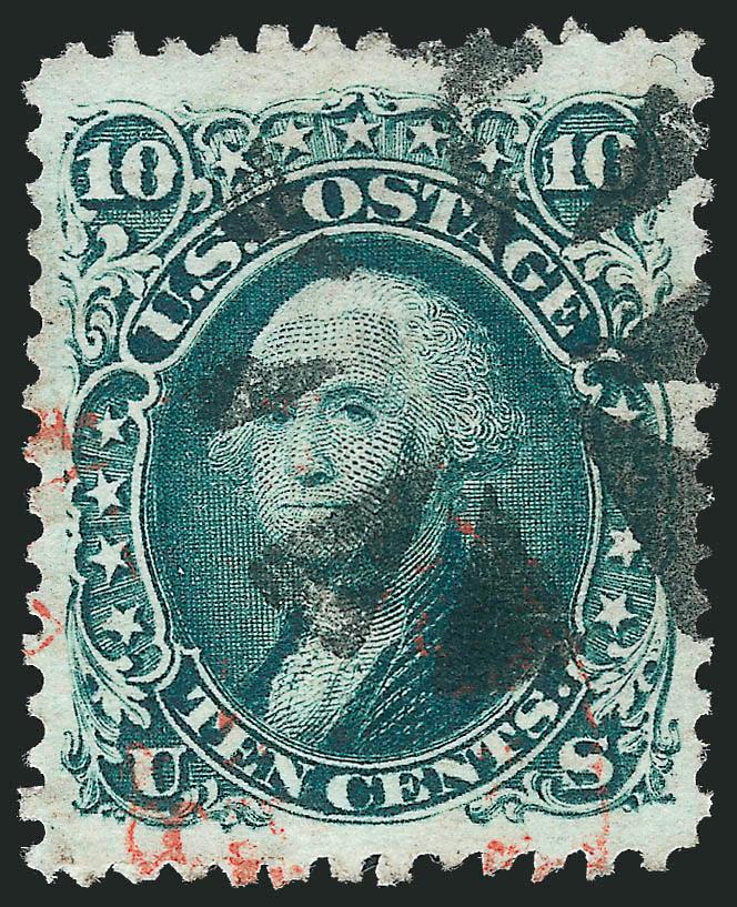 10c Green, E. Grill (89).> Jumbo margins, bright color, bold strike of circle of wedges and also <red> cancel, Extremely Fine, a huge stamp, with 2010 P.S.E. certificate (XF 90 Jumbo SMQ $1,000.00 as 90,
$3,300.00 as 95)