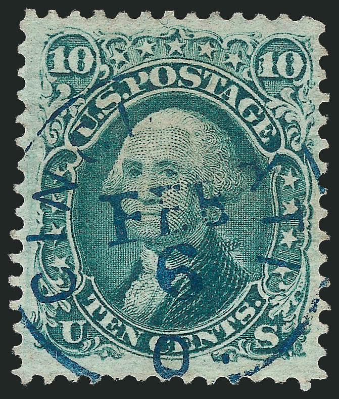 10c Green, E. Grill (89).> Brilliant color nicely complemented by well-struck <blue> Cincinnati circular datestamp, unusually wide margins, Extremely Fine, with 2010 P.S.E. certificate (VF-XF 85 Jumbo SMQ
$550.00 as 85, $1,000.00 as 90)