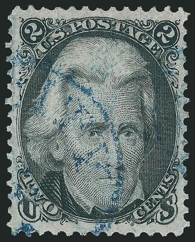 2c Black, F. Grill (93).> Detailed impression nicely complemented by <blue> circular datestamp, wide and balanced margins, fresh and Extremely Fine, with 2010 P.S.E. certificate (XF 90 SMQ $215.00)