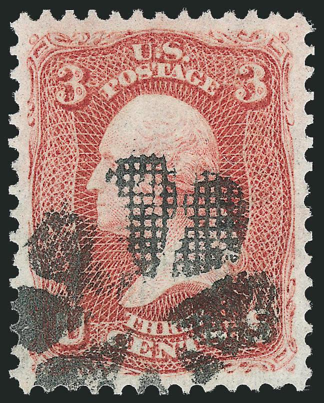 3c Red, F. Grill (94).> Intense shade and impression on bright paper, gorgeous centering, well-defined grill, bold strike of rosette cancel, Extremely Fine Gem, a beautiful stamp, with 2010 P.S.E. certificate
(XF-Superb 95 SMQ $320.00)