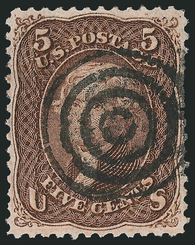 5c Brown, F. Grill (95).> Well-centered, rich color with bold target cancel, short perfs at right, otherwise Extremely Fine, with 2010 P.S.E. certificate (XF 90 SMQ $2,250.00)