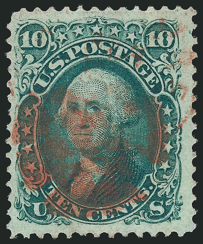10c Yellow Green, F. Grill (96).> Jumbo margins and attractively centered, rich color, <red cork> cancel, Very Fine, with 2010 P.S.E. certificate (VF 80 Jumbo SMQ $260.00 as 80, $430.00 as 85)