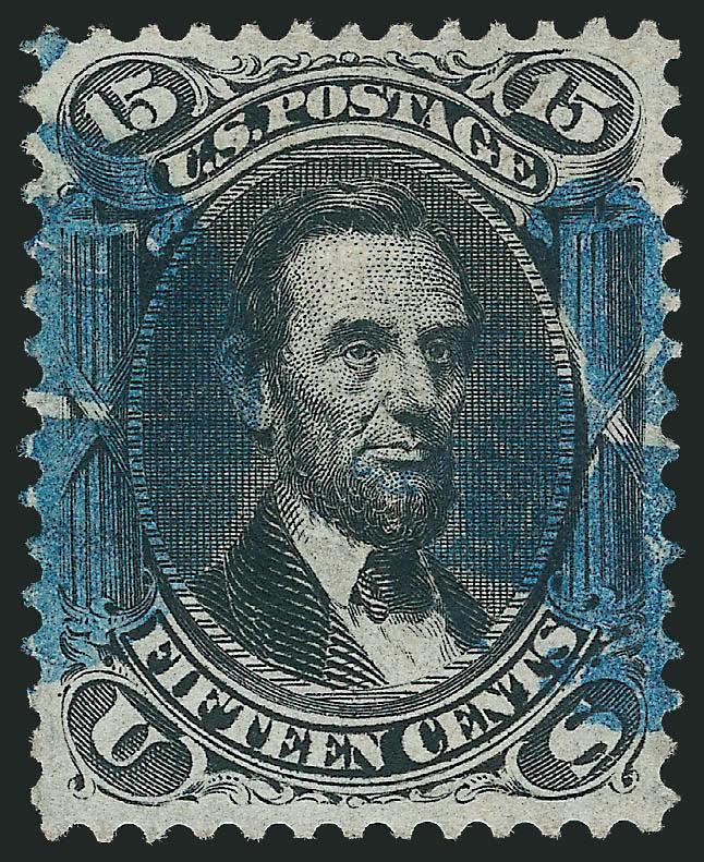 15c Black, F. Grill (98).> Almost perfectly centered, intense shade, Lincoln portrait flanked by attractive <blue cork> cancels, Extremely Fine, with 2010 P.S.E. certificate (XF 90 SMQ $950.00)