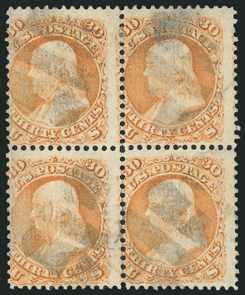 30c Orange, F. Grill (100).> Block of four, vibrant color, neat cork cancels, centered to left, top right stamp small thin spot, top left stamp tiny natural paper wrinkle<><>^VERY GOOD APPEARANCE. A RARE USED
BLOCK OF FOUR OF THE 1868 30-CENT F GRI