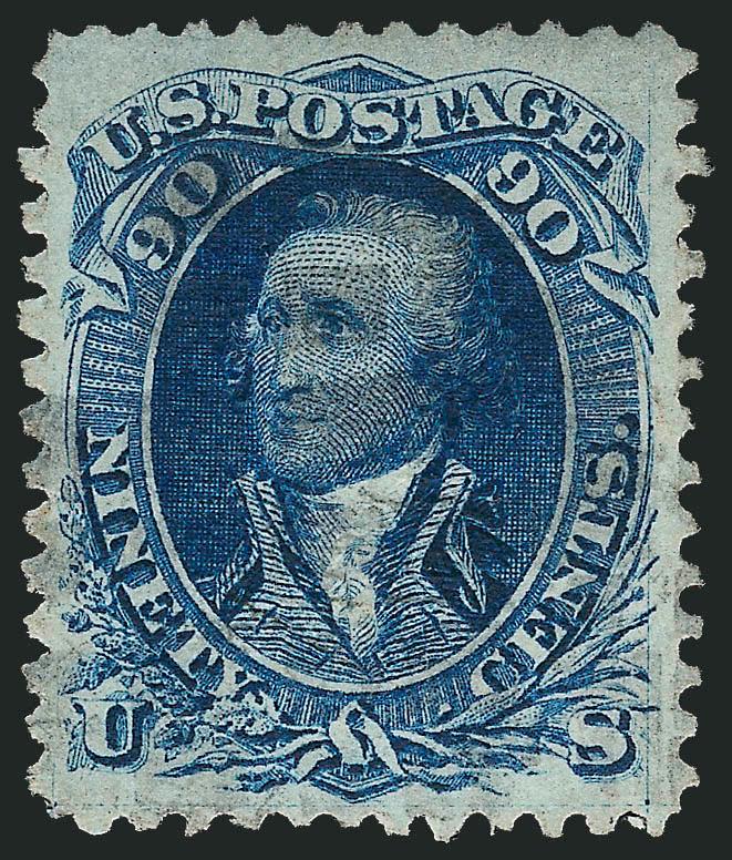 90c Blue, F. Grill (101).> Deep rich color and sharp proof like impression, clearly-defined grill, unusually choice centering for this difficult issue, light strike of cork cancel<><>^EXTREMELY FINE. A
BEAUTIFUL EXAMPLE OF THE 1868 90-CENT F GRILL.
