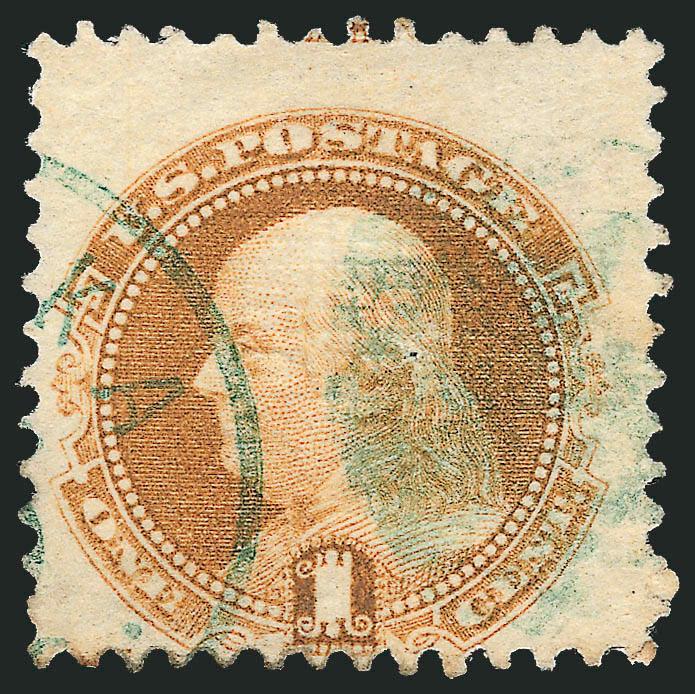 1c Buff (112).> Centered to bottom, <green> cancel and datestamp, tiny pinhole, Very Good appearing and rare on any 1869 value other than the 3c, with 1999 P.F. certificate