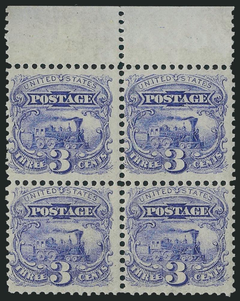 2c Brown, 3c Ultramarine (113-114).> Blocks of four, original gum, 3c with top selvage, handsome colors, 2c reperfed at right, Fine appearing lot