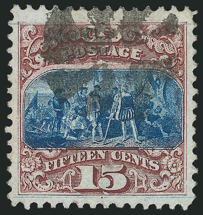 15c Brown & Blue, Ty. I (118).> Brilliant colors, choice centering with Jumbo margins, neat strike of cork cancel at top, Extremely Fine, a huge stamp, this issue is rarely found with such Jumbo margins, with
2010 P.S.E. certificate (VF-XF 85 Jumbo