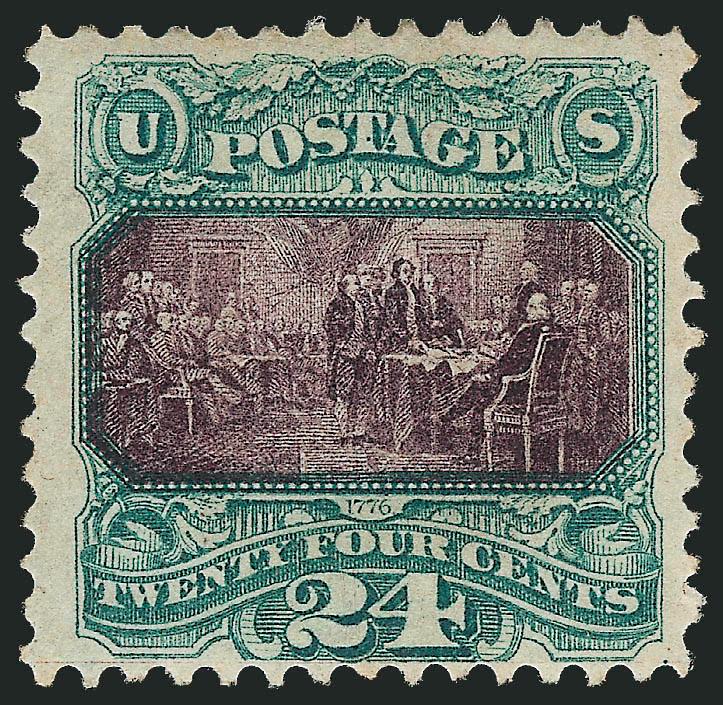 24c Green & Violet (120).> Original gum, strong colors and sharp impressions<><>^FINE. A SCARCE ORIGINAL-GUM EXAMPLE OF THE 24-CENT 1869 PICTORIAL ISSUE.^<><>The extra wide margins on three sides almost
qualify it for a Very Fine grade