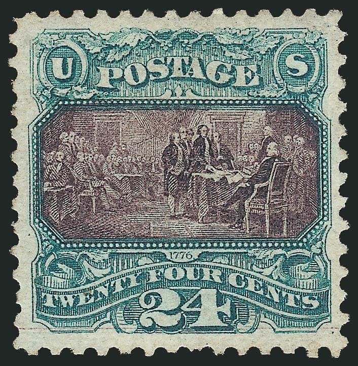 24c Green & Violet (120).> Unused (regummed), well-centered with wide margins, lovely bright colors<><>^VERY FINE AND CHOICE UNUSED EXAMPLE OF THE 24-CENT 1869 PICTORIAL ISSUE.^<><>With 1982 P.F.
certificate