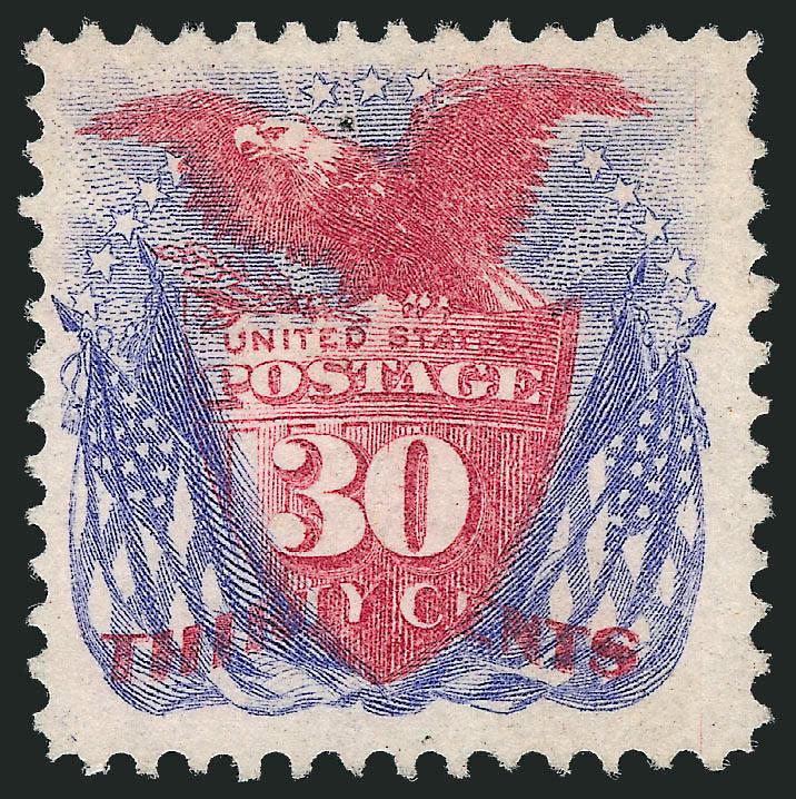 30c Ultramarine & Carmine, Without Grill (121a).> Unused (no gum), nicely centered with beautiful colors, tiny insignificant inclusion speck above eagles neck<><>^VERY FINE. A RARE 30-CENT 1869 PICTORIAL
WITHOUT GRILL VARIETY.^<><>This is the tr