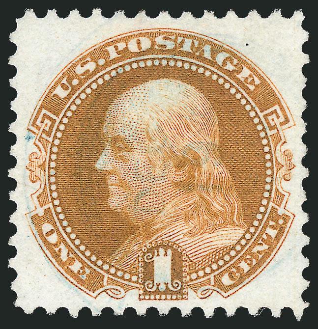 1c Buff, Re-Issue (123).> Brilliant color, lightly cancelled by <blue> handstamp at center, Extremely Fine, with 2010 P.S.E. certificate (VF-XF 85 SMQ $700.00), looks like a 90 to us