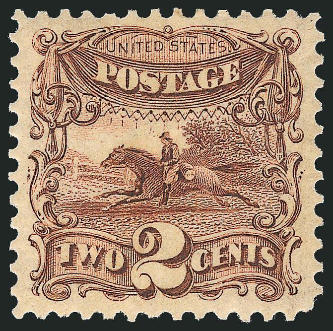 2c Brown, Re-Issue (124).> Original gum, barely hinged, uncharacteristically wide margins and magnificent centering, sharp impression<><>^EXTREMELY FINE GEM. A SPECTACULAR EXAMPLE OF THE 2-CENT 1869 PICTORIAL
RE-ISSUE GRADED XF-SUPERB 95 BY P.S.E.^