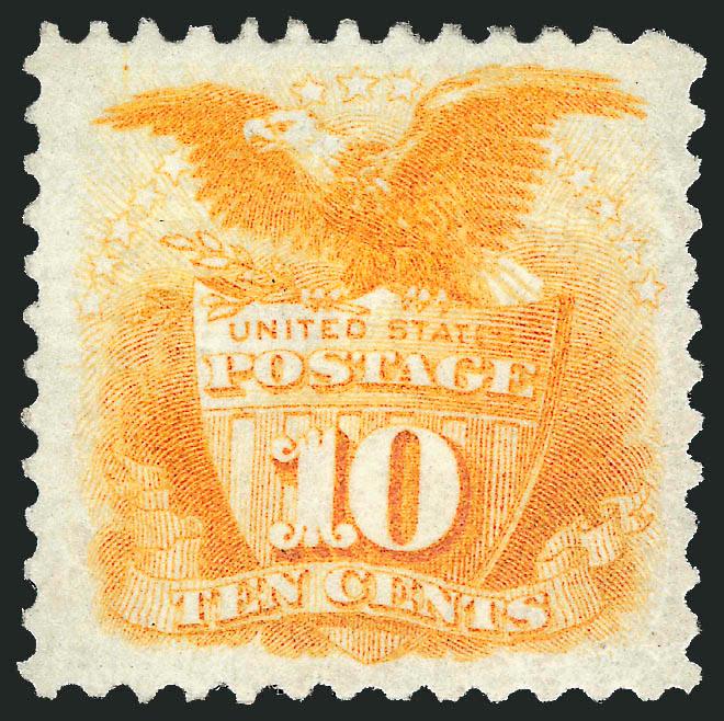 10c Yellow, Re-Issue (127).> Original gum, lightly hinged, vibrant color, choice centering, most recent certificate (P.S.E.) states reperfed at right but we are not convinced, Extremely Fine appearance, with
1990 P.F. certificate as sound and 2009 P.
