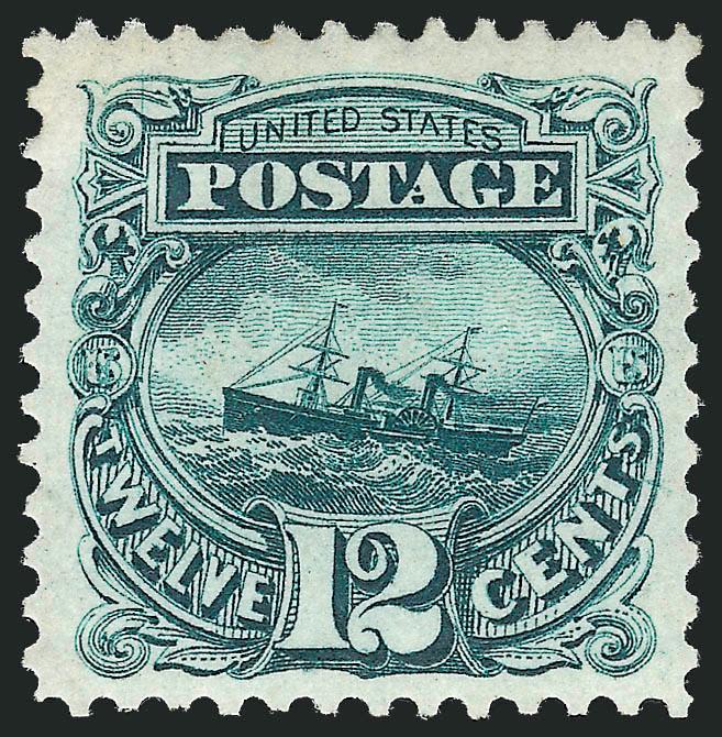 12c Green, Re-Issue (128).> Original gum, wide margins and choice centering, deep rich color on post-office fresh paper<><>^EXTREMELY FINE. A DESIRABLE WIDE-MARGINED ORIGINAL-GUM EXAMPLE OF THE 12-CENT 1869
PICTORIAL RE-ISSUE.^<><>With 1995 and 2