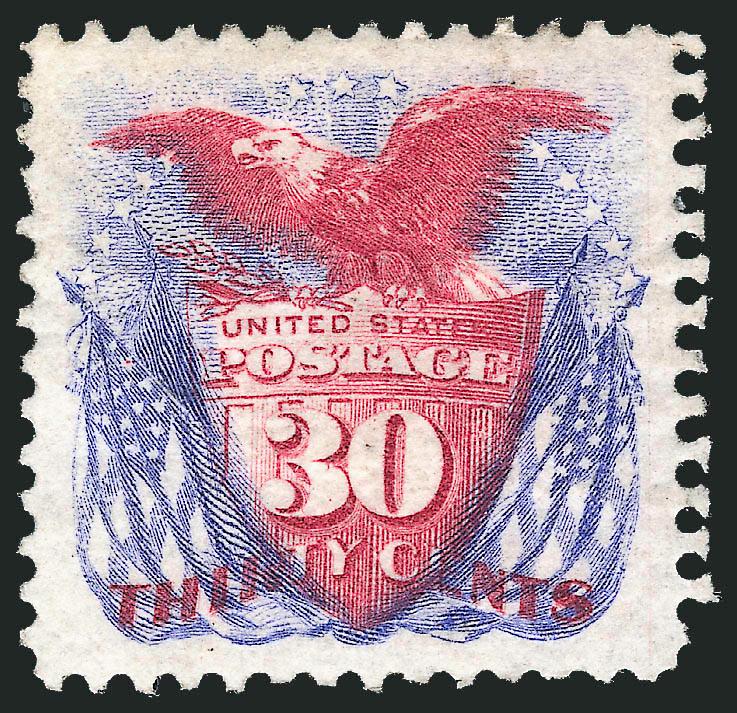 30c Blue & Carmine, Re-Issue (131).> Large part original gum, incredibly well-centered, rich colors on bright paper, evidently separated from some type of multiple by scissors at right leaving all but one of
the left perf tips from the adjoining stam