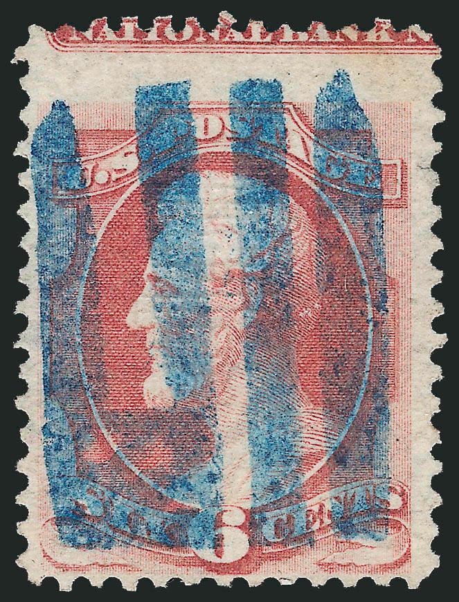 6c Carmine, Grill (137).> I. Grill, very wide top margin with <captured NATIONAL BANK N part imprint,> attractive color, perfect completely struck <blue Chicago Flag cancel> (Cole FL-18), tiny tear in perf
hole at right, Fine appearance and a rare