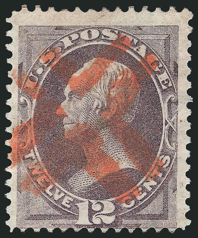 12c Dull Violet, Grill (140).> H. Grill, wide margins and ever so slightly in at bottom, richer color that typically seen, bold <red New York Foreign Mail crossroads> cancel, small margin crease, Fine
appearance, with 1972 P.F. certificate