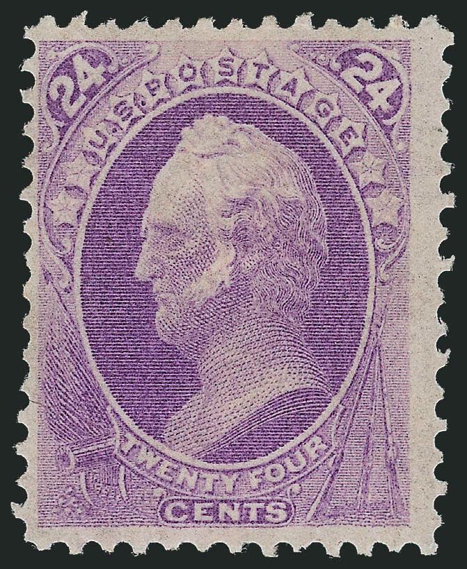24c Purple (153).> Two, first original gum, bright color, centered to left, Fine, second large part disturbed original gum, centered dramatically to bottom left causing a <captured plate no.> in margin at top,
a few perf faults, dramatic appearance