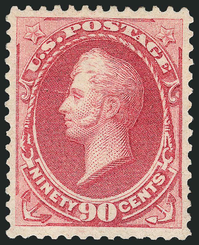 90c Carmine (155).> Original gum, lightly hinged, well-centered with wide Jumbo margins all around, radiant color, proof-like impression, reperfed at left, Extremely Fine appearance, with 1994 P.F. certificate
not mentioning the reperf