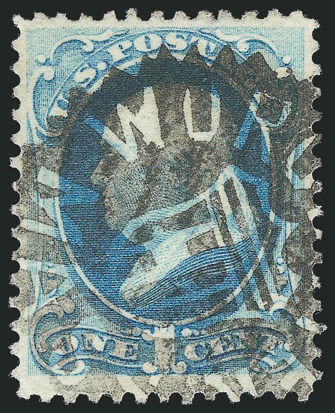 1c Ultramarine (156).> Bright color, cancelled by perfectly struck <negative Worcester Mass. with shield fancy cancel,> light horizontal creases, appears Very Fine, ex Mercedes