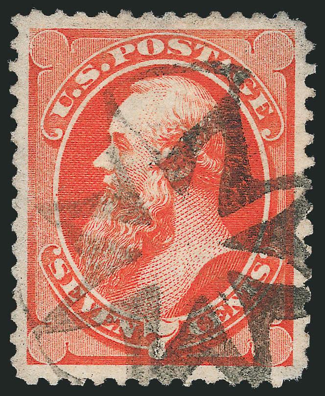 7c Orange Vermilion (160).> Beautiful margins and centering, bright color with a bold <New York Foreign Mail Star cancel> (Weiss ST-8 P4), Extremely Fine, with 2010 P.S.E. certificate (XF-Superb 95 SMQ $650.00
as ordinary cancel)