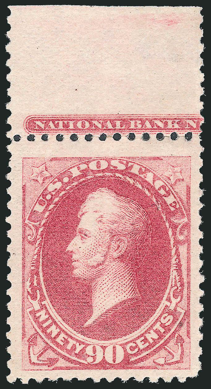 90c Carmine (191).> With <part imprint at top,> original gum, barest trace of hinge mark, choice centering with unusually wide margins, brilliant color<><>^EXTREMELY FINE GEM. A SUPERB ORIGINAL-GUM EXAMPLE OF
THE 90-CENT 1879 AMERICAN BANK NOTE COM