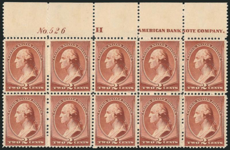 2c Red Brown (210).> Top imprint and plate no. 526 block of ten, original gum, lightly hinged, rich color, fresh and Very Fine