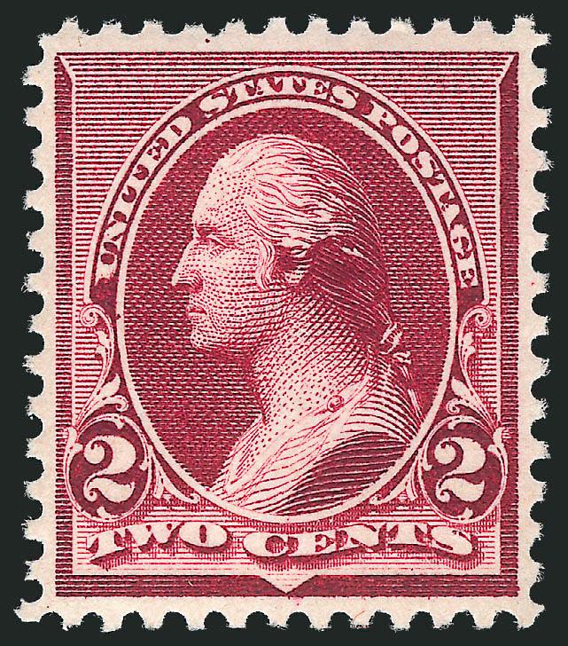 2c Lake (219D).> Mint N.H., intense shade on bright paper, well-proportioned margins, long and full perforations all around, Extremely Fine, a pretty stamp, with 2010 P.S.E. certificate (XF 90 SMQ
$1,900.00)