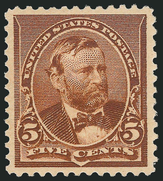 5c Chocolate (223).> Original gum, barest trace of hinging which is difficult to detect, mathematically perfect centering with wide and balanced margins all around, brilliant color, Extremely Fine Gem, a
stunning stamp, with 2010 P.S.E. certificate (