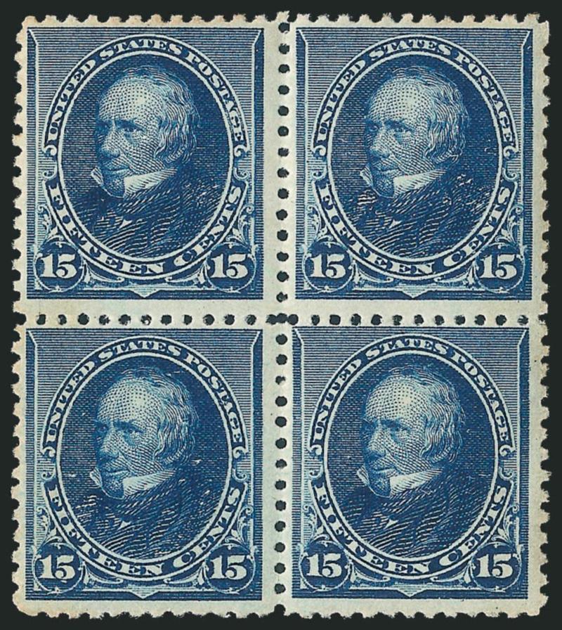 15c Indigo (227).> Mint N.H. block of four, fresh and bright, rich color, bottom right stamp two trivial perf tip thin specks, otherwise Fine, Scott Retail as four Mint N.H. singles