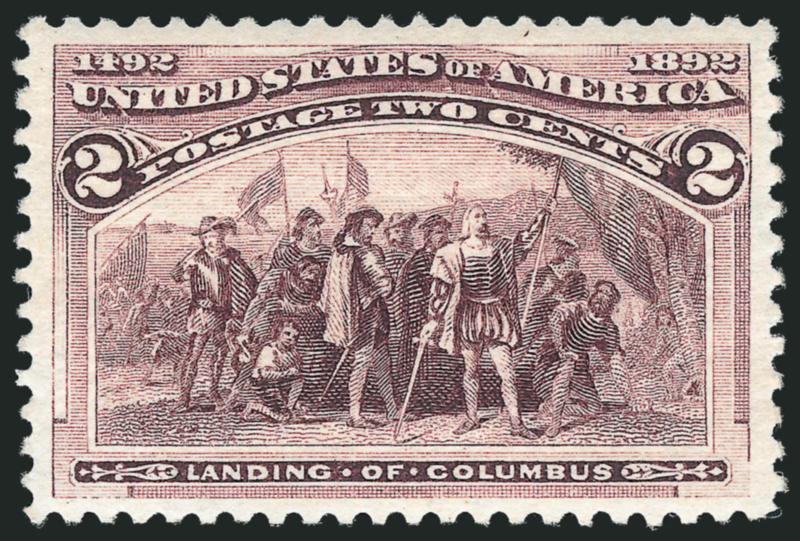 2c Columbian, Broken Frame Line (231 var).> Mint N.H., beautiful bright shade, choice centering with wide margins, Extremely Fine example of this interesting variety, with 2010 P.S.E. certificate (XF-Superb 95
SMQ $375.00 for the normal stamp)
