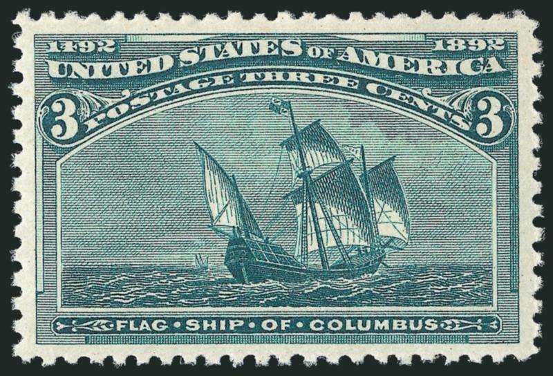 3c Columbian (232).> Mint N.H., balanced margins, beautiful color on bright paper, crisp impression, Extremely Fine Gem, with 2010 P.S.E. certificate (Superb 98 SMQ $2,300.00)