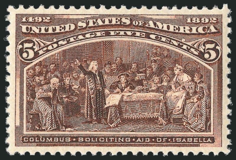 5c Columbian (234).> Mint N.H., gorgeous centering with wide and balanced margins, rich color on fresh paper<><>^EXTREMELY FINE GEM. A WONDERFUL MINT NEVER-HINGED EXAMPLE OF THE 5-CENT COLUMBIAN ISSUE, WHICH
HAS BEEN GRADED SUPERB 98 BY P.S.E.^<><