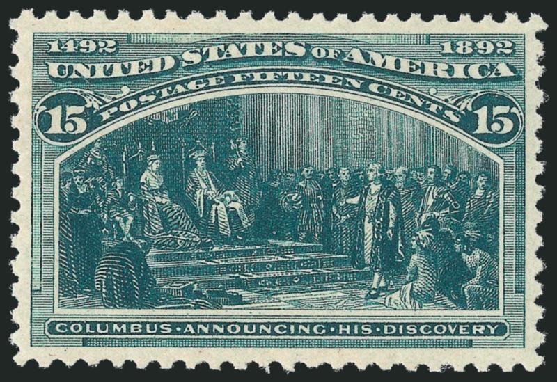 15c Columbian (238).> Mint N.H., beautifully centered with balanced margins, rich color on fresh paper, Extremely Fine, with 2010 P.S.E. certificate (XF 90 SMQ $1,500.00)