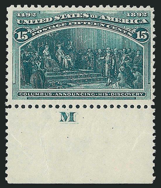 15c Columbian (238).> Mint N.H. with bottom letter M selvage, intense color on bright white paper, Very Fine and choice